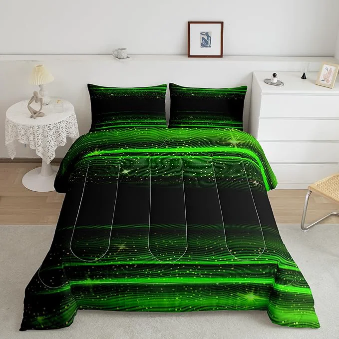 Powerful Ombre Stripes Bedding Set Full Black Green Outer Space Comforter Modern Gradient Geometric Down Comforter for Kids Boys Girls Teens Adult Soft Quilt Warm Lightweight with 2 Pillowcases Bedroom Decor Secure