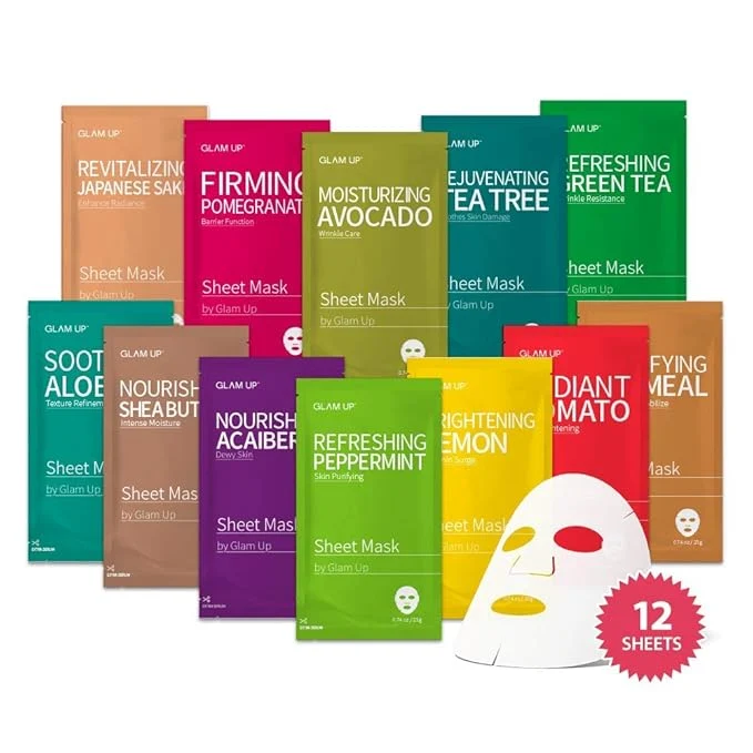 Verified GLAM UP Korean Facial Sheet Mask 12 Combo Pack Hydrating Moisturizing Face Optimized
