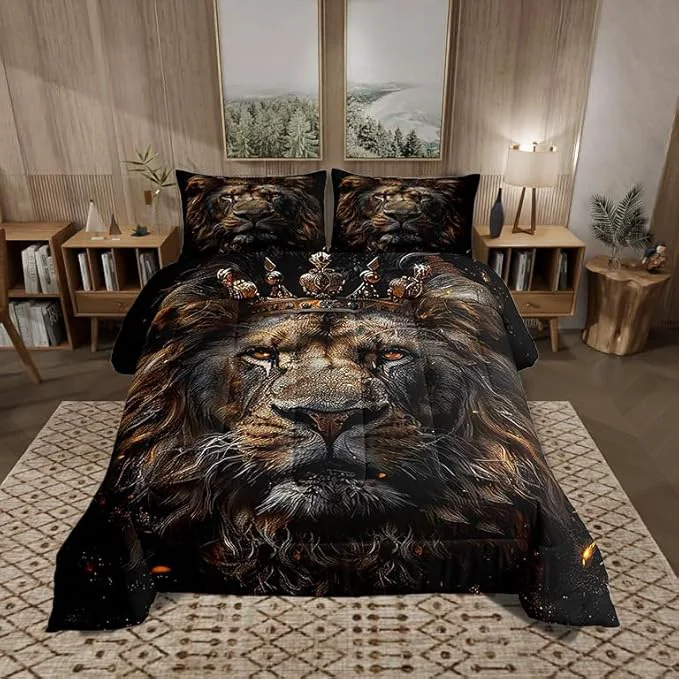 High-Performance Castle Fairy 3D Lion Comforter Set Full Size Wild African Animal Bedding Set Bedroom Decor Golden Glitter Crown Quilt Set Comfortable and Breathable Luxury Black Duvet Insert with 2 Pillowcases Premium