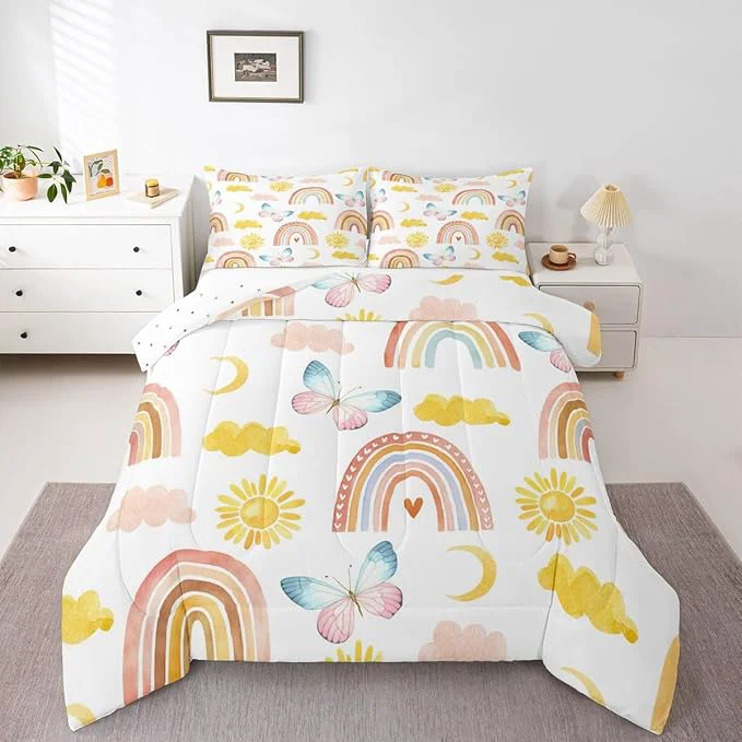 Easy-to-Use Rainbow Comforter Set King Size Girls Butterfly Bedding Sets Cartoon Rainbow Quilt Sets Colorful Sun Clouds Comforters Iridescent Print Down Comforter Geometric Stripes Soft Lightweight Bedding Contemporary