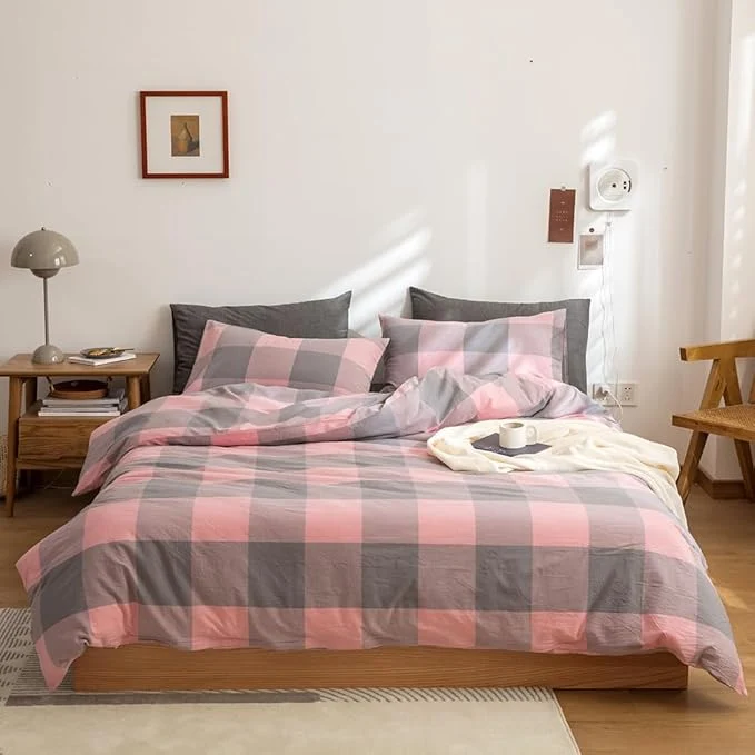 Eco-Friendly FACE TWO FACE Bedding Duvet Cover Set Washed Cotton Duvet Cover Linen Like Textured Breathable Durable Soft Comfy Full Grey Powder Grid Elite