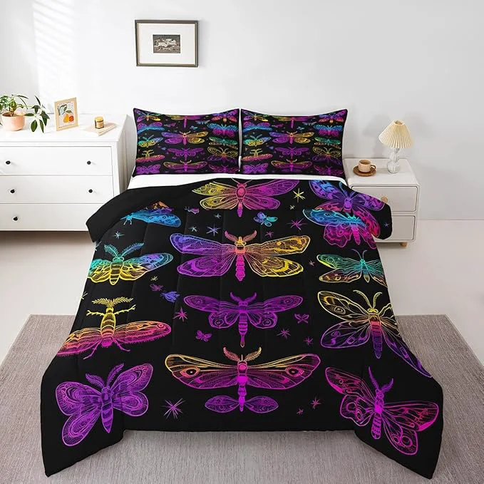 Trusted Erosebridal Death Moth Bedding Set Ombre Butterfly Dragonfly Comforter Set for Kids Girls Teens Gradient Rainbow Butterflies Bedding Comforter Sets Psychedelic Colorful Wildlife Quilt Twin Sophisticated