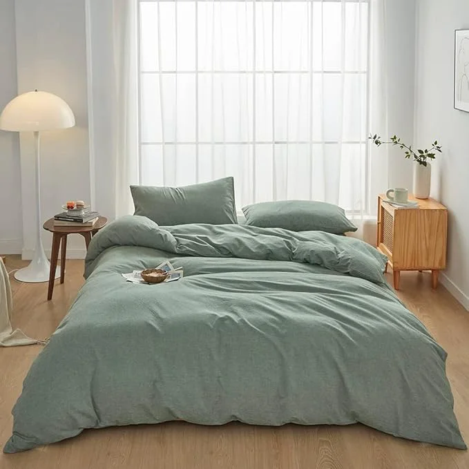 Casual FACE TWO FACE Bedding Duvet Cover Set Washed Cotton Duvet Cover Linen Like Textured Breathable Durable Soft Comfy Queen Reversible Green Consistent