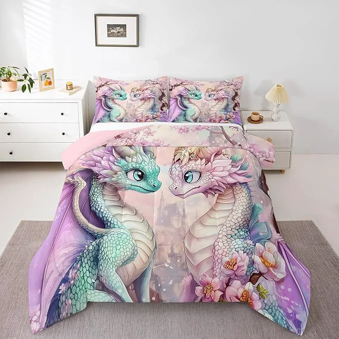 Next-Generation Western Dragon Couple Comforter Set King Size for Kids Japanese Cherry Blossom Bedding Sets All Season Pastel Girly Pink Castle Quilt Set Bedroom Decor Dreamy Fairy Tale Down Comforter 3Pcs Authentic