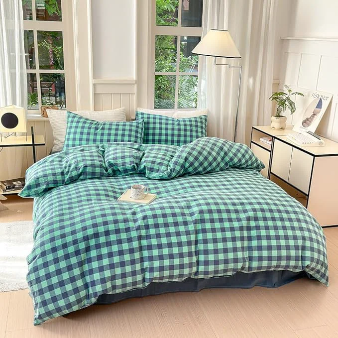 Smart FACE TWO FACE Bedding Duvet Cover Set Washed Cotton Duvet Cover Linen Like Textured Breathable Durable Soft Comfy California King Blue Green Grid Exclusive