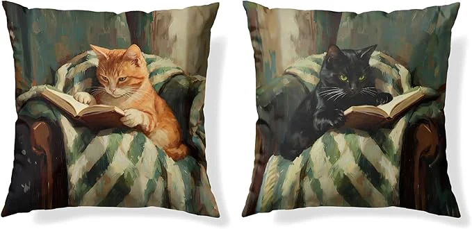 Original Design Funny Cat Reader Book Throw Pillow Cover 18 x 18 Set of 2 Gifts for Book Lovers Reading Nook Corner Decor Preppy Floral Black Orange Tabby Tuxedo Cats Bookish Pillowcase（04） Official