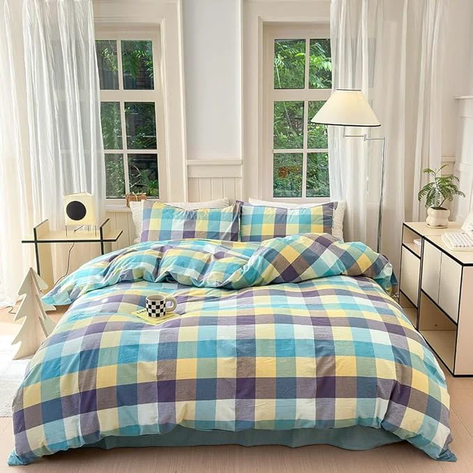 Advanced FACE TWO FACE Bedding Duvet Cover Set Washed Cotton Duvet Cover Linen Like Textured Breathable Durable Soft Comfy Full Yunxi Blue Detailed