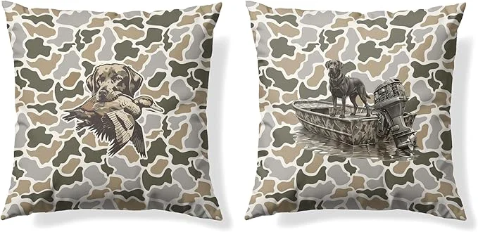 Expertly Made Vintage Camo Labrador Retriever Mallard Duck Throw Pillow Covers 18x18 Set of 2 Dog Hunting Pillowcase Camouflage Farm Animal Decorative Pillow Covers Camouflage Wild Animal Decor（83） Breathable