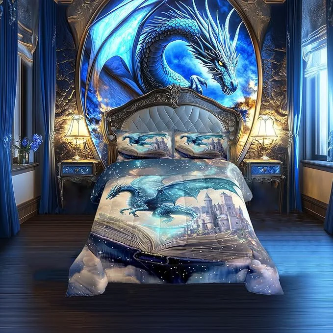 Top-Quality 3D Dragon Bedding Set King Size Funny Fantasy Book Pattern Comforter Set for Kids Teens Room Decor Mid-Century Castle Duvet Insert Western Wild Animal Down Comforter Set 3Pcs Fashionable