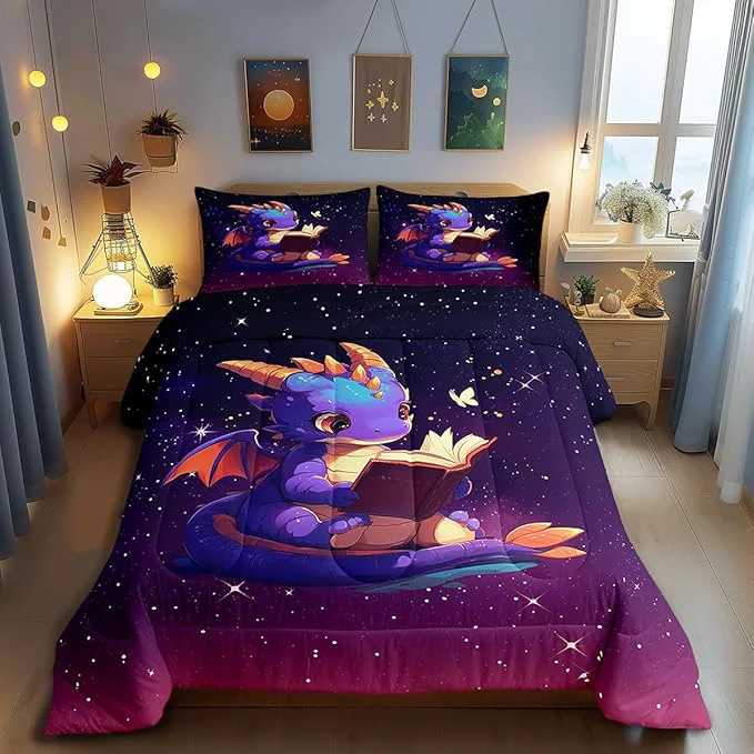Certified Castle Fairy Lovely Dragon Comforter Set Queen Size Purple Black Ombre Galaxy Bedding Set Bedroom Decor Cartoon Dragon Book Quilt Set Dreamy Glittering Print Starry Duvet Insert with 2 Pillowcases Contemporary
