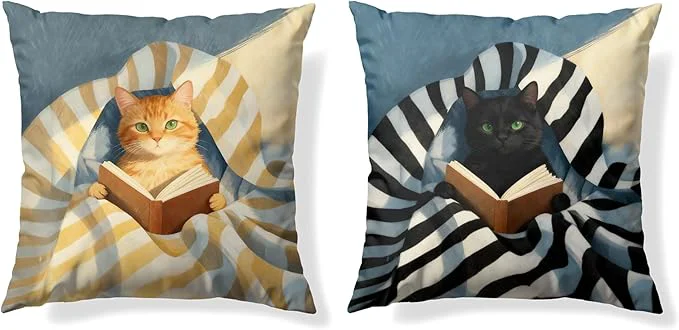 Top-Quality Funny Cat Reader Book Throw Pillow Cover 18 x 18 Set of 2 Gifts for Book Lovers Reading Nook Corner Decor Preppy Floral Black Orange Tabby Tuxedo Cats Bookish Pillowcase（01） Environmentally Friendly