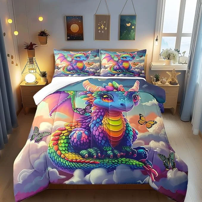 Quality Castle Fairy Colorful Dragon Bedding Set King Size Fancy Western Animal Comforter Set for Girls Boys Teens Room Decor Wild Butterfly Down Comforter Sunny Sky Clouds Quilt Set with 2 Pillowcases User-Friendly
