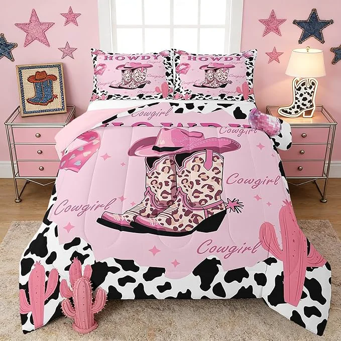 Lightweight Castle Fairy Pink Cowgirl Bedding Set Queen Size Milk Cow Print Comforter Set for Girls Room Decor Modern Leopard Cowboy Boots Down Comforter Desert Cactus Quilt Set with 2 Pillowcases Exceptional