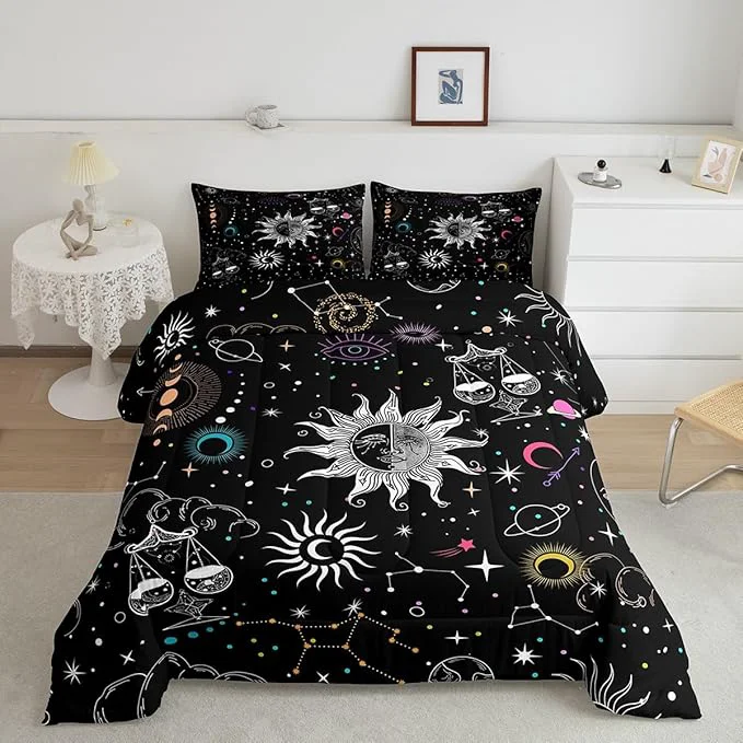 Green Erosebridal Sun Moon Bedding Set King Galaxy Glitter Stars Comforter For Kids Trippy Universe Planets Quilted Duvet Black Outer Space Zodiac Libra Constellation Down Comforter 3Pc LWHS5439XXY-BZ_USk High-Quality