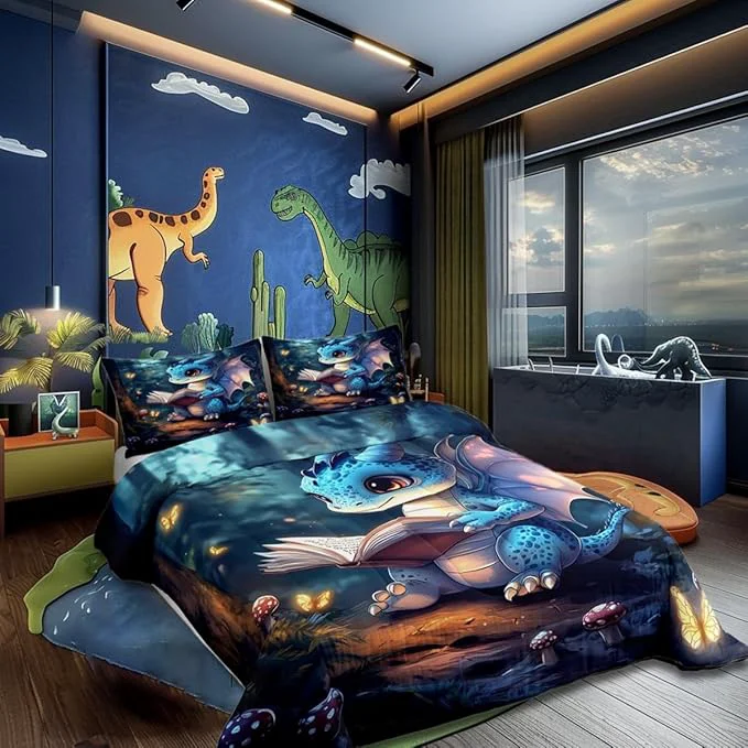 Unique 3D Cartoon Dragon Bedding Set King Size Western Fairy Tale Comforter for Child Teens Sparkling Pink Butterfly Down Comforter Mysterious Jungle Duvet Insert with 2 Pillowcases Expertly Made