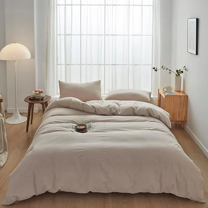 Secure FACE TWO FACE Bedding Duvet Cover Set Washed Cotton Duvet Cover Linen Like Textured Breathable Durable Soft Comfy Twin Tannish Linen Grey World-Class