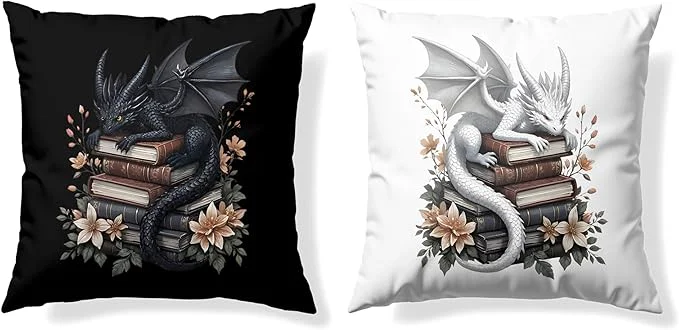 Safe Vintage al Black White Dragon Reading Book Decor Throw Pillow Covers 18x18 Set of 2 Fantasy Room Decor for Kids Gamers and Bookworms Reading Nook Decor Gifts for Bookworm Readers 78 Convenient