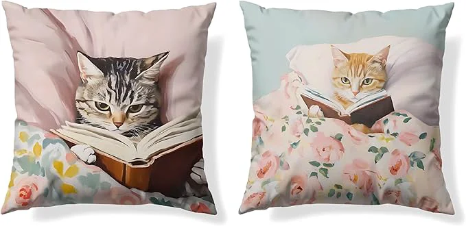 Sustainable Funny Cat Reader Book Pillow Cover 18 x 18 Set of 2 Reading Nook Corner Decor Gifts for Book Lovers Preppy Floral Black Orange Tabby Tuxedo Cats Bookish Pillowcase（01） Responsible