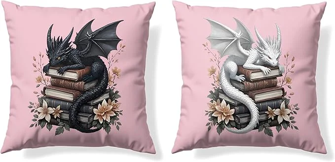 Modern Vintage al Black White Dragon Reading Book Decor Throw Pillow Covers 18x18 Set of 2 Fantasy Room Decor for Kids Gamers and Bookworms Reading Nook Decor Gifts for Bookworm Readers Pink Contemporary