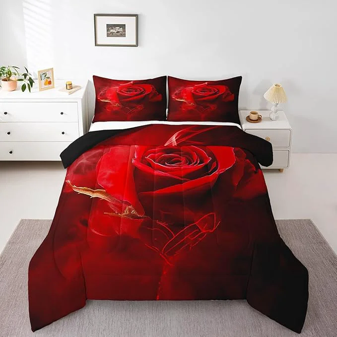 Innovative Erosebridal Valentine 39 s Day Comforter Set Queen Black Red Rose Floral Bedding Sets for Girls Women Elegant Flowers 3D Print Quilt Set Soft Luxury Microfiber 3Pcs Quilted Comforter with 2 Pillow Shams Green