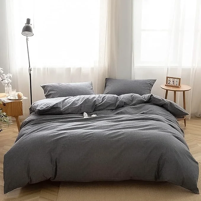 Enhanced FACE TWO FACE Bedding Duvet Cover Set Washed Cotton Duvet Cover Linen Like Textured Breathable Durable Soft Comfy Twin Dark Gray World-Class