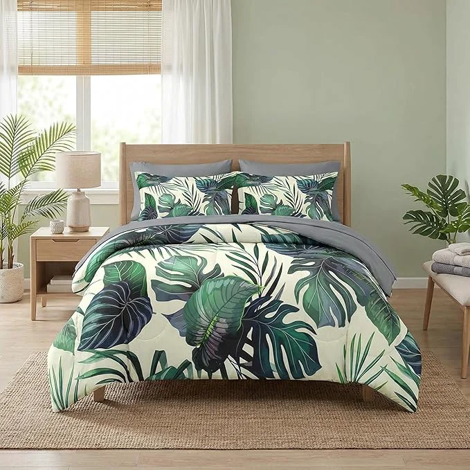 Easy-to-Use Comforter Set King Size Tropical Plants Leaves 7 Pcs Bedding for Kids and Adults Palm Leaf Monstera Bed Sheet Sets with Fitted Sheet 2 Pillowcase amp 2 Sham for Bedroom Bed Decor Recyclable