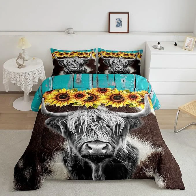 Optimized Highland Cow Bedding Sets Full Brown Cow Fur Print Comforter For Kids Boys Girls 3D Sunflowers Quilt Funny Farmhouse Animal Duvet Set Retro Woodren Board Backdrop Down Comforter Black Brown Blue Trendy