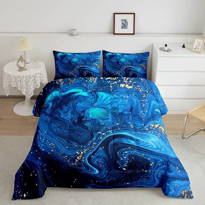 Sophisticated Ombre Blue Marble Bedding Set King Black And Blue Marble Comforter Set for Boys Girls Teens Adult Abstract Ocean Wave Fluid Duvet Set with Golden Sequins Modern Aesthetic Liquid Quilted Comforter Fashionable