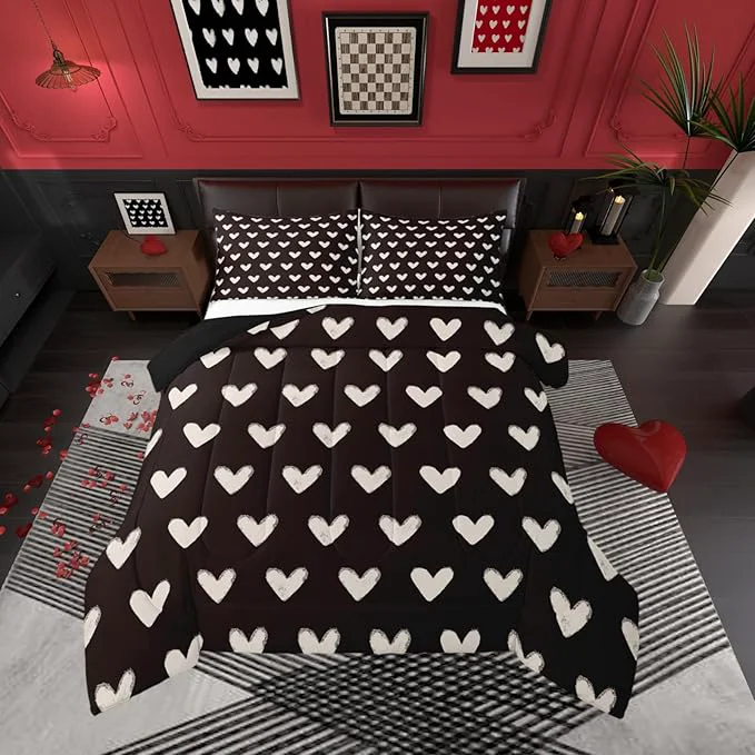 Solid Erosebridal Love Comforter Set Queen Black and White Bedding for Kids Boys Girls Cute Heart Shaped Valentine Day Down Comforter Kawaii Cartoon Love Heart Geometric Duvet Insert Soft Warm Quilt 3Pcs Optimized