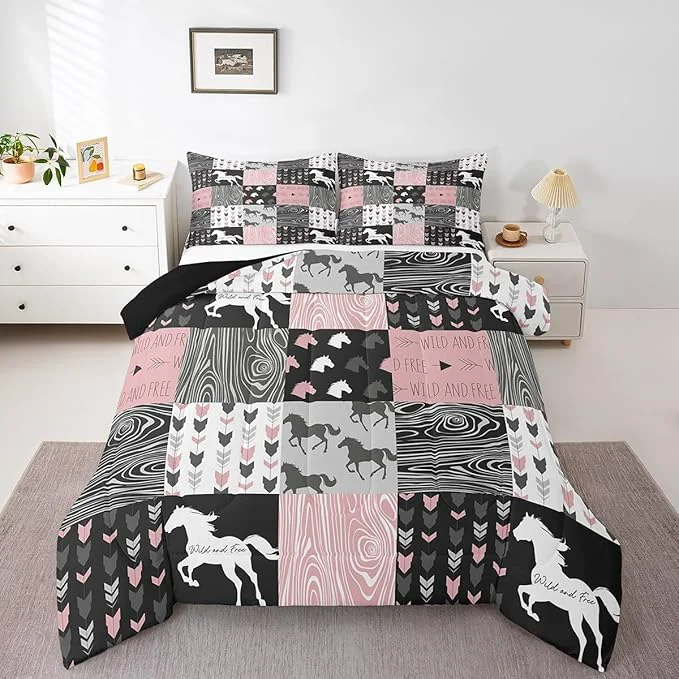 Proven Girls Unicorn Comforter Queen Girly White Horse Bedding Western Cowboy Cowgirls Quilt Patchwork Buffalo Plaid Duvet Insert Arrow Stripes Wild Animal Soft Down Comforter 3Pcs Bedroom Decor Pink Black Secure