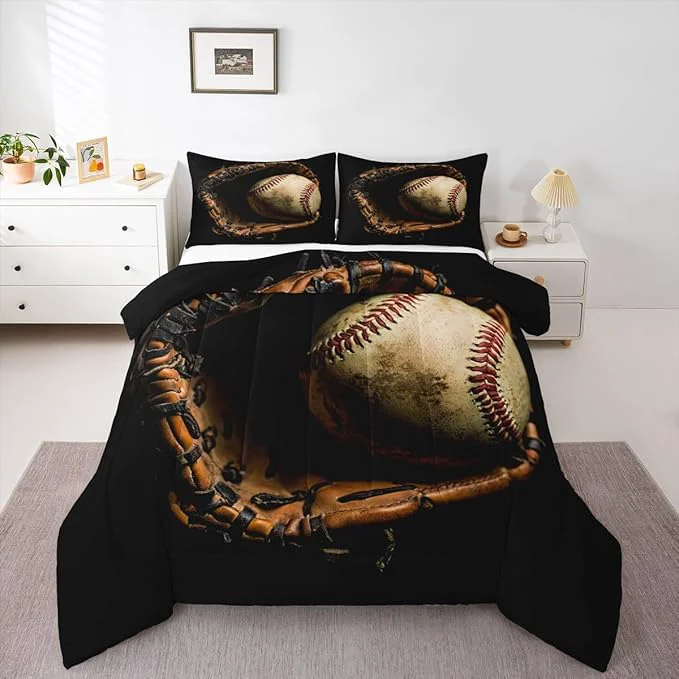 Trendy Erosebridal Baseball Comforter Set Queen Size Sports Game Bedding Baseball Player Duvet Insert for Kids Boys Teens Retro Style Quilt for Room Dorm Decorative Brown Down Comforter World-Class