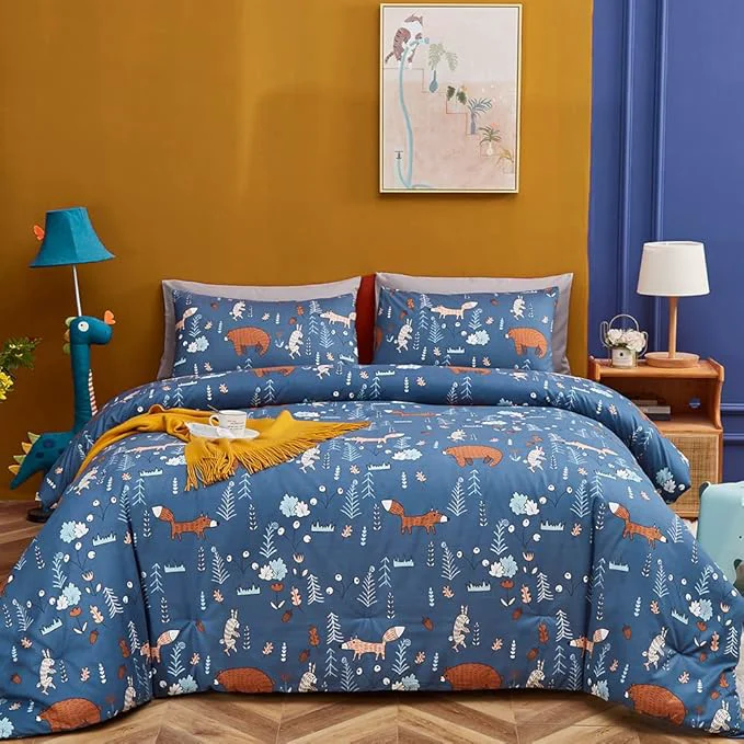 Artisan CLOTHKNOW Kids Queen Comforter Set Blue Animal Bedding Comforter Sets Soft Cartoon Forest Fox Rabbit Comforter with 2 x Pillow Cases Solid