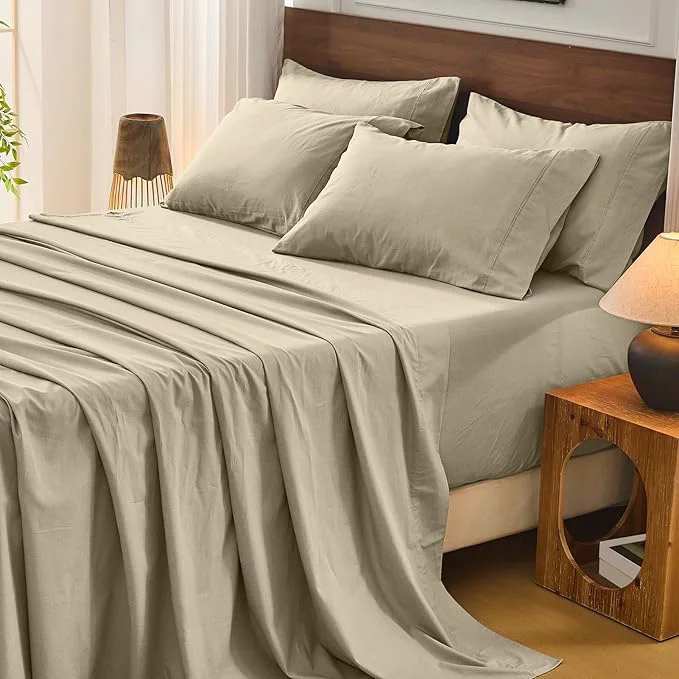 Efficient Bedlifes French Flax Linen Sheets Set California King Size-6 Piece Extra Deep Pocket 18-24 quot Soft Breathable Cal King Bed Sheets with Temperature Regulating amp Moisture-Wicking Taupe Premium