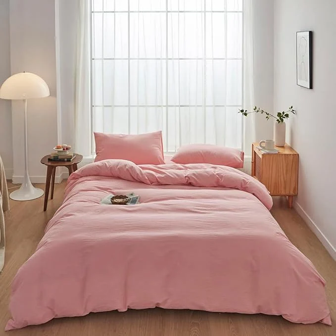 Easy-to-Use FACE TWO FACE Bedding Duvet Cover Set Washed Cotton Duvet Cover Linen Like Textured Breathable Durable Soft Comfy Full Light Pink Classic