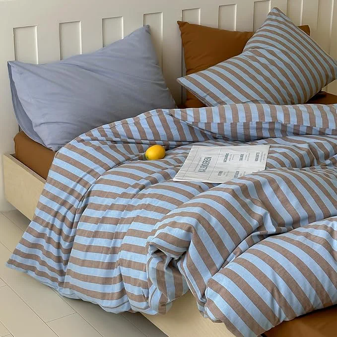 Powerful Vintage Striped Duvet Cover Set King 3 Pieces Blue Brown Stripes Pattern Printed Bedding Set Farmhouse Washed Cotton Comforter Cover Breathable Retro Striped Duvet Cover with 2 Pillowcases Elite