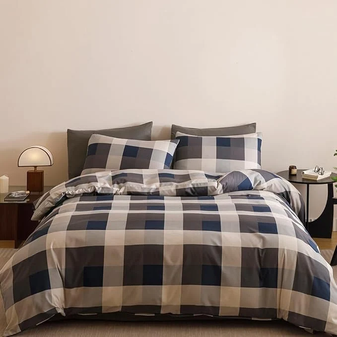 Consistent CLOTHKNOW Blue Plaid Full Size Comforter Set 3Pcs Gingham Bedding Sets Tartan Geometric Comforter Full Sets with 2 x Pillow Cases Modern