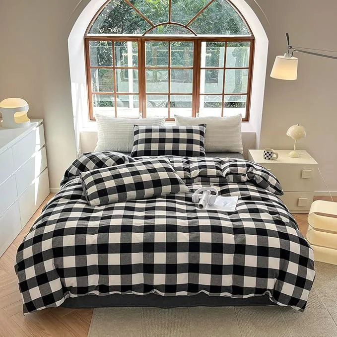 Smart FACE TWO FACE Bedding Duvet Cover Set Washed Cotton Duvet Cover Linen Like Textured Breathable Durable Soft Comfy King Black and White Grid High-Quality