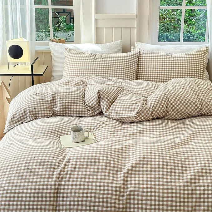 Long-Lasting LifeTB Tan Gingham Duvet Cover Twin XL Washed Cotton Beige Taupe Plaid Duvet Cover 3 Pieces Checkered Grid Comforter Cover with Zipper Ties Luxury Soft Breathable Gingham Bedding Set Official