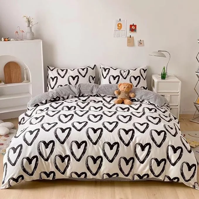 Superior CLOTHKNOW Black White Comforter Set Twin Twin XL Love Shaped Bedding Comforter Sets Black Grid Comforter Kawaii Comforter with 2 x Pillow Cases Carefully Designed