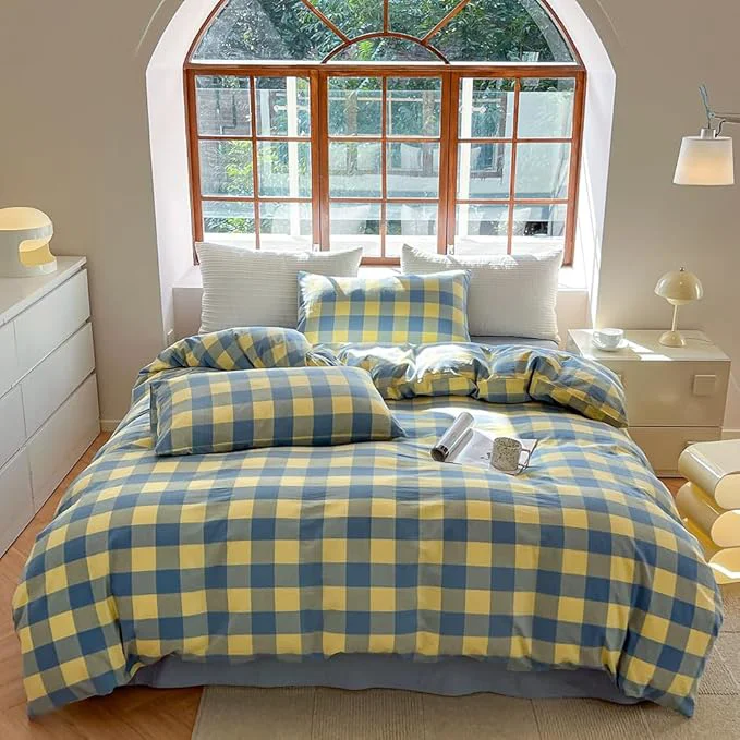 High-End FACE TWO FACE Bedding Duvet Cover Set Washed Cotton Duvet Cover Linen Like Textured Breathable Durable Soft Comfy Queen Blue Yellow Grid Proven