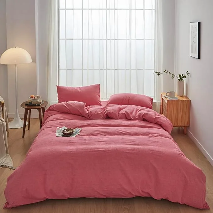 Easy-to-Use FACE TWO FACE Bedding Duvet Cover Set Washed Cotton Duvet Cover Linen Like Textured Breathable Durable Soft Comfy Full Red Effective