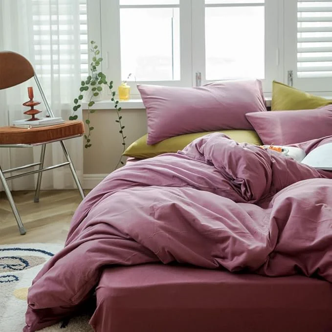 Top-Quality Purple Bedding Duvet Cover Queen 3 Pieces Pale Mauve Duvet Cover Boho Solid Bedding Set Luxury Soft Jersey Knit Cotton Comforter Cover with 2 Pillowcases Breathable Comfy Mauve Color Bedding Set Trusted