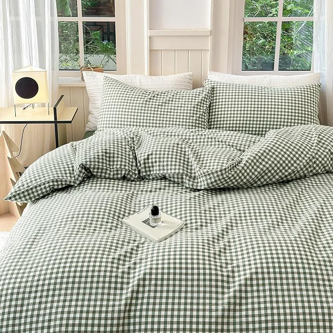 Eco-Friendly LifeTB Green Gingham Duvet Cover King Boho Green Grid Plaid Duvet Cover Washed Cotton Checkered Comforter Cover with 2 Pillowcases Farmhouse Plaid Comforter Cover Gingham Bedding Set Comfortable