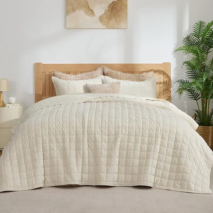 World-Class BEDELITE Velvet Quilt Set Queen Size - Luxury Velvet Comforter Bedding Set 3 Pieces Soft Cozy Cream White Oversized Bedspread Coverlet for All Seasons with 2 Pillow Shams High-Performance