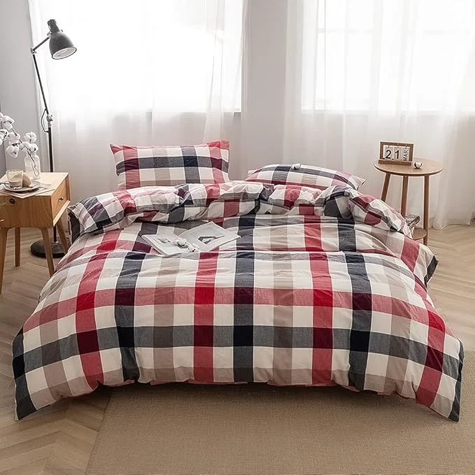 Environmentally Friendly FACE TWO FACE Bedding Duvet Cover Set Washed Cotton Duvet Cover Linen Like Textured Breathable Durable Soft Comfy Queen Blue red Grid Smart