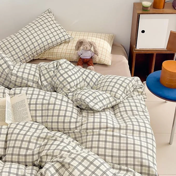 First-Class Vintage Grey Plaid Duvet Cover Full Size Cotton Muslin Gingham Duvet Cover Grey Green Grid Checkered Plaid Bedding Set Breathable Soft Linen Like Gauze Comforter Cover Gingham Bedding Set Full Certified