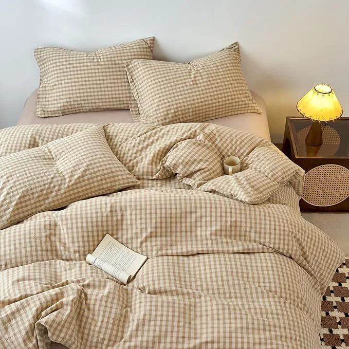 Organic LifeTB Brown Gingham Duvet Cover Twin Size Washed Cotton Beige Tan Plaid Checkered Comforter Cover Soft Breathable Grid Plaid Duvet Cover Farmhouse Gingham Bedding Set for All Seasons Reliable