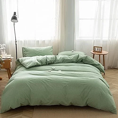 Lightweight FACE TWO FACE Bedding Duvet Cover Set Washed Cotton Duvet Cover Linen Like Textured Breathable Durable Soft Comfy King Green Comfortable