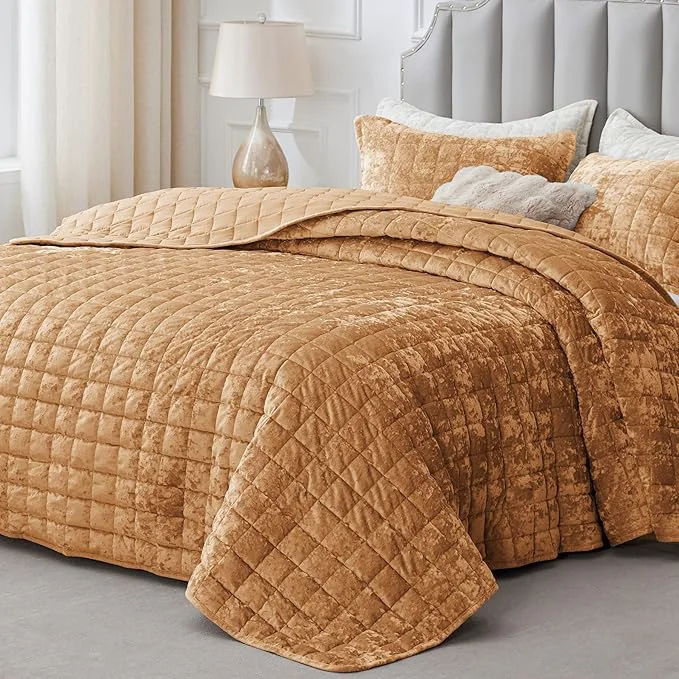 Outstanding BEDELITE Velvet Quilt Set King Size - Luxury Velvet Comforter Bedding Set 3 Pieces Lightweight Soft Cozy Shiny Rusty Burnt Orange Oversized Bedspread Coverlet for All Seasons with 2 Pillow Shams Comfortable