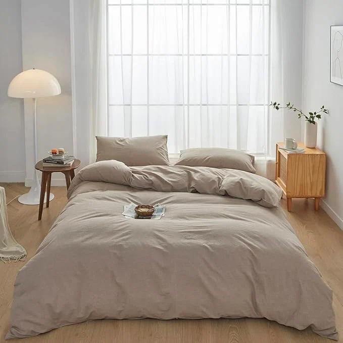 Consistent FACE TWO FACE Bedding Duvet Cover Set Washed Cotton Duvet Cover Linen Like Textured Breathable Durable Soft Comfy Full Khaki Easy-to-Use